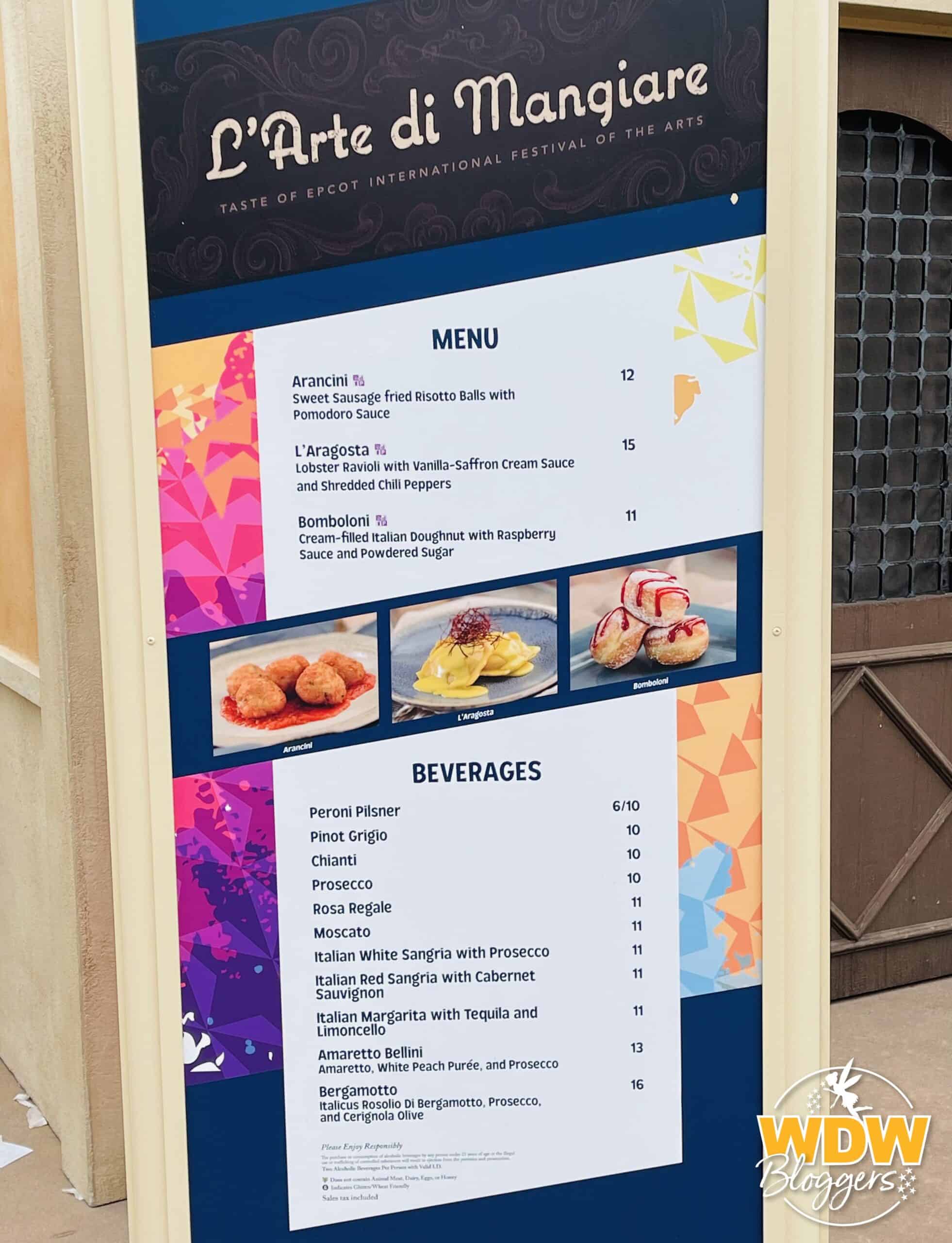 Epcot International Festival of the Arts 2021 Italy Menu